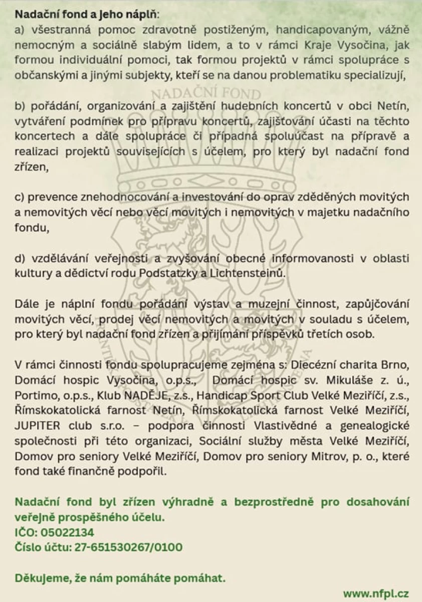 Akce pořádané Nadačním fondem FRANTIŠKA PODSTATZKY LICHTENSTEINA 2025